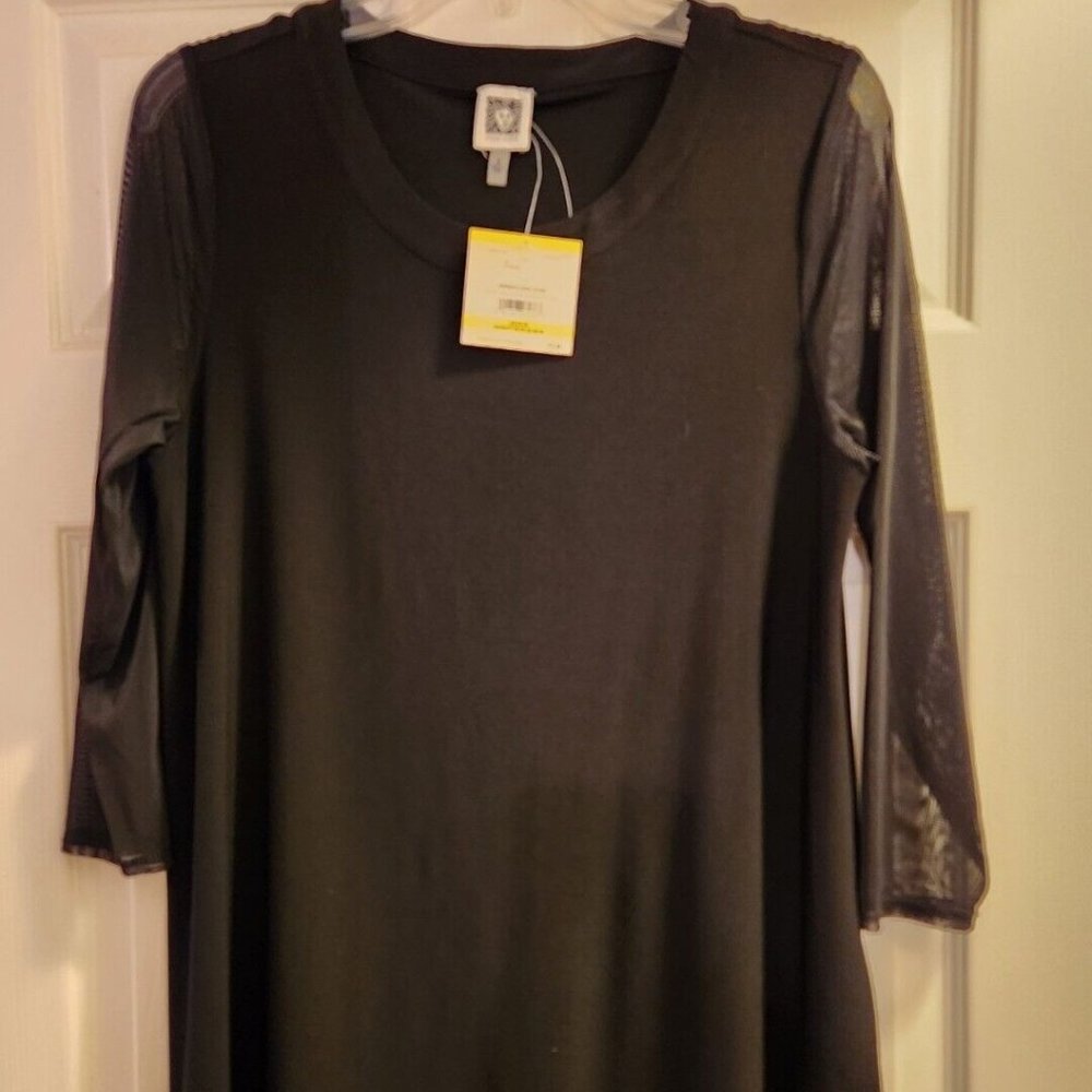 NWT ANNE KLEIN Black Tunic Knit Top Sheer 3/4 Sleeve Medium $79